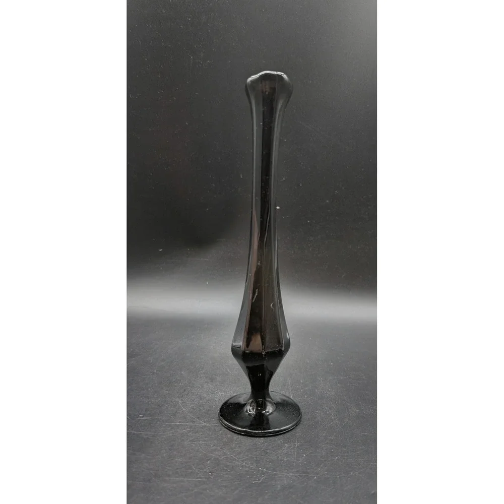 Vintage Fenton Black Amethyst Glass Bud Vase Tall Slender Paneled Pedestal 9